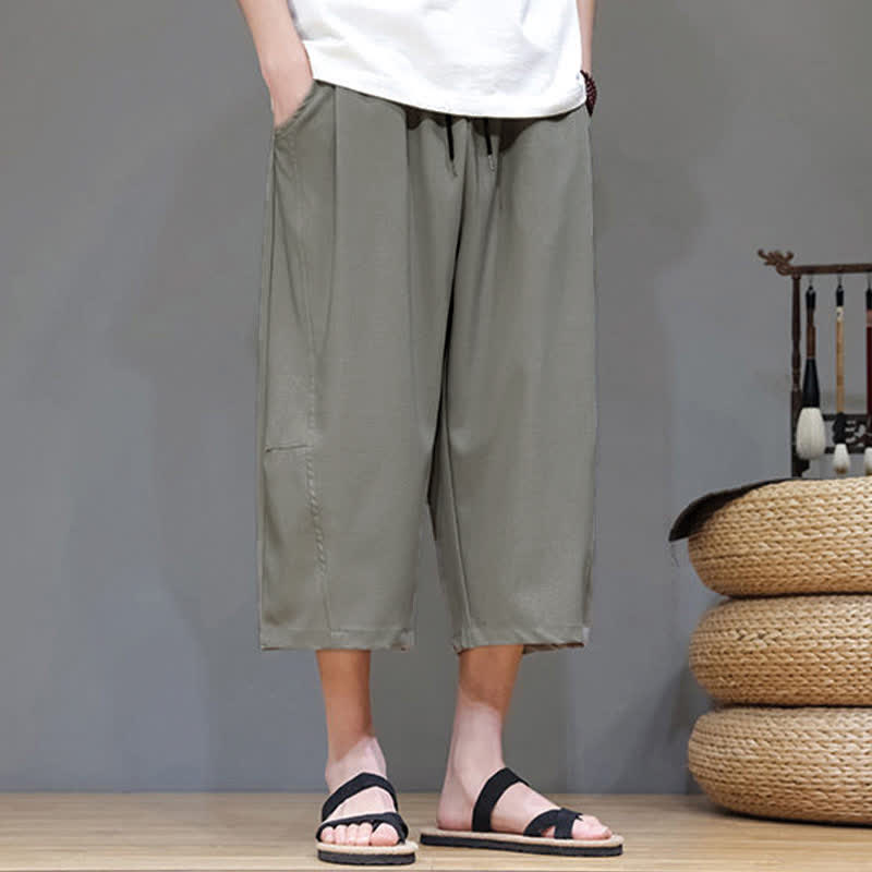 Buddha Stones Summer Casual Minimalist Drawstring Solid Men's Cropped Pants With Pocket - image 2