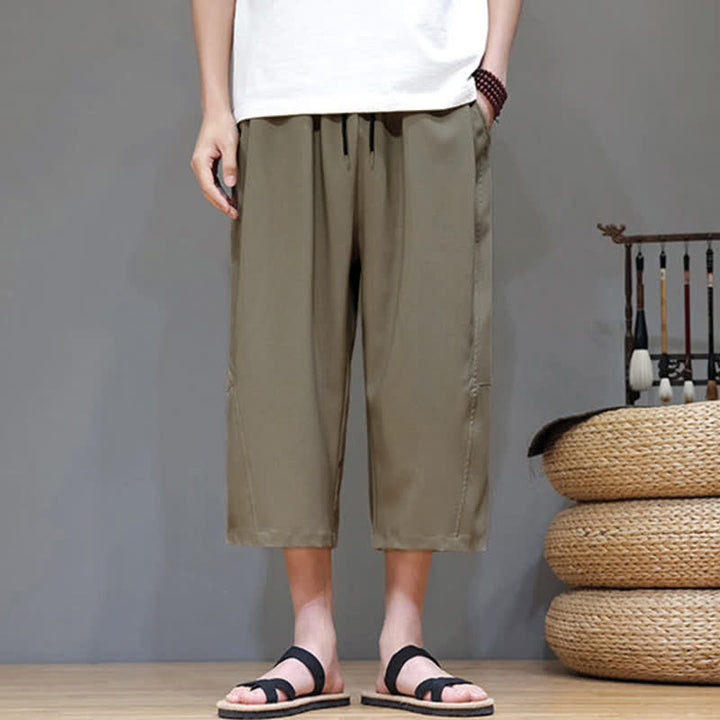 Buddha Stones Summer Casual Minimalist Drawstring Solid Men's Cropped Pants With Pocket - image 22