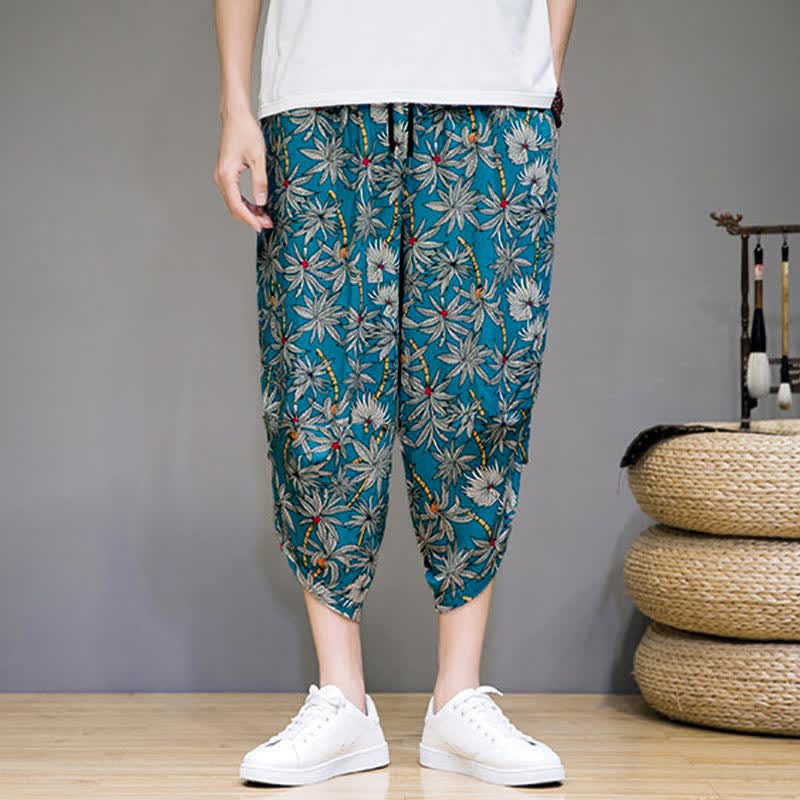 Buddha Stones Summer Boho Casual Drawstring Floral Capri Pants Men's Harem Pants With Pocket - image 13