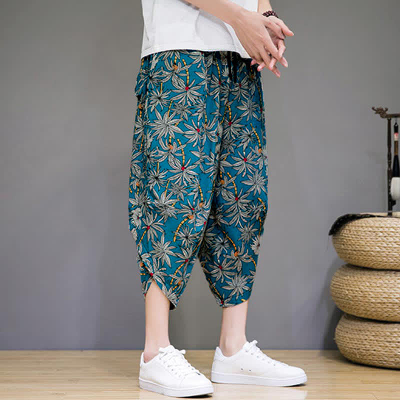 Buddha Stones Summer Boho Casual Drawstring Floral Capri Pants Men's Harem Pants With Pocket - image 14