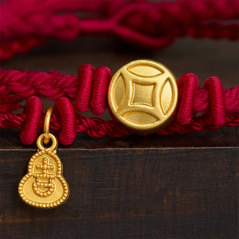 Buddha Stones Alloy Chinese Coin Gourd Pendant Wealth Double-Strand Red String Bracelet - red - image 4