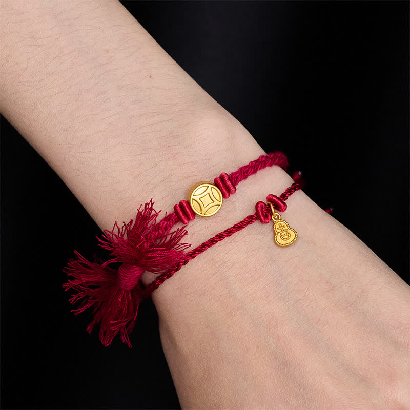 Buddha Stones Alloy Chinese Coin Gourd Pendant Wealth Double-Strand Red String Bracelet - image 2