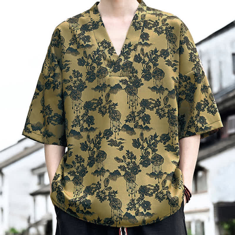 Buddha Stones Summer Casual Tang Style Floral V-Neck Men's Short Sleeve T-Shirts - image 15