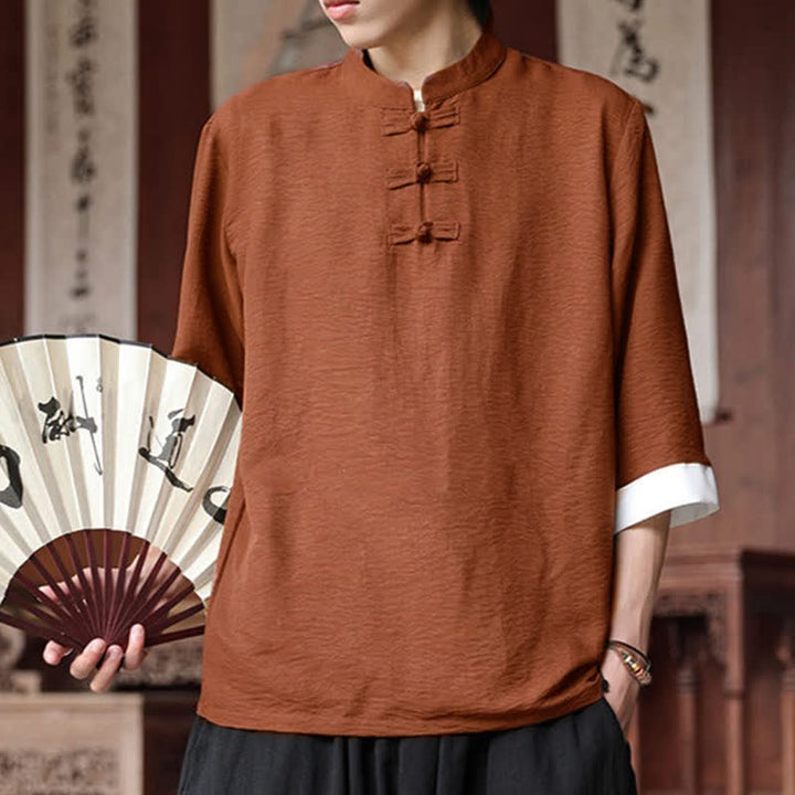 Buddha Stones Summer Tang Style Vintage Mandarin Collar Frog Button Solid Men's Elbow-Length Sleeve Shirts - image 21