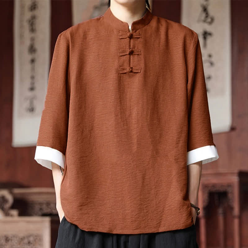 Buddha Stones Summer Tang Style Vintage Mandarin Collar Frog Button Solid Men's Elbow-Length Sleeve Shirts - Chocolate - US/UK/AU46, EU56 (5XL) - image 19