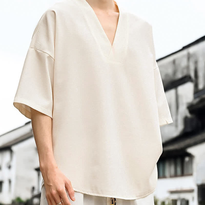 Buddha Stones Summer Minimalist Casual Side Slit Solid Men's Short Sleeve T-Shirts - image 5