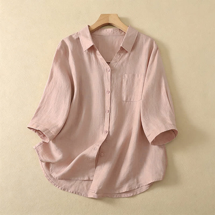 Buddha Stones Summer Casual Minimalist Button-Up Solid Women's Short Sleeve Shirts With Pocket - LightPink - US8-10, UK/AU12-14, EU40-42 (2XL) - image 10