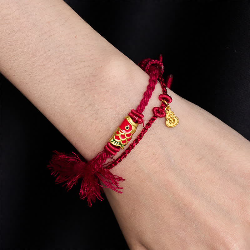 Buddha Stones Alloy Koi Fish Gourd Pendant Success Retro Double-Strand String Bracelet - image 2