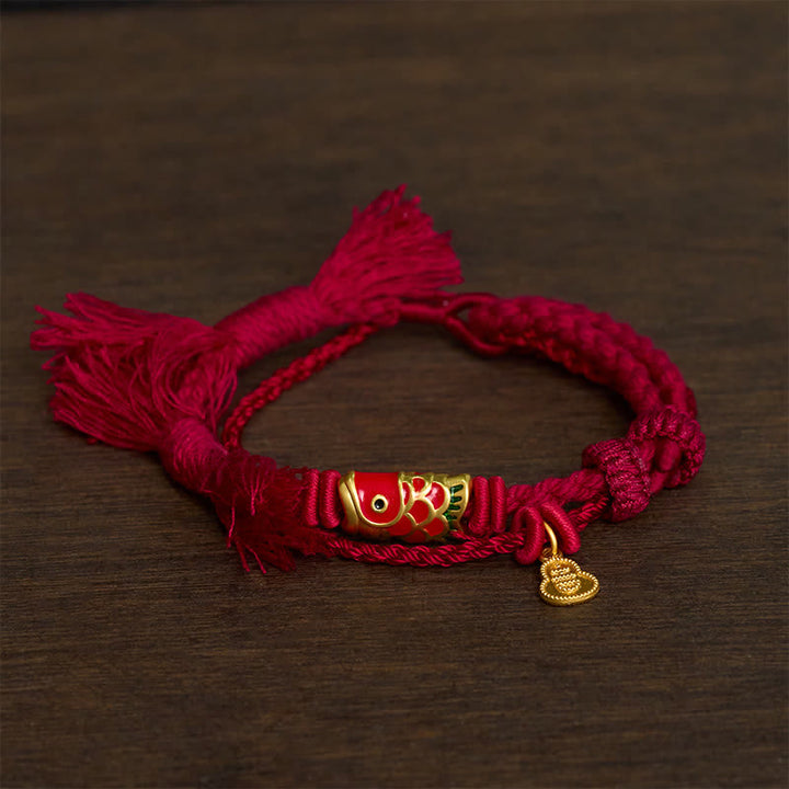 Buddha Stones Alloy Koi Fish Gourd Pendant Success Retro Double-Strand String Bracelet - wine red - image 0