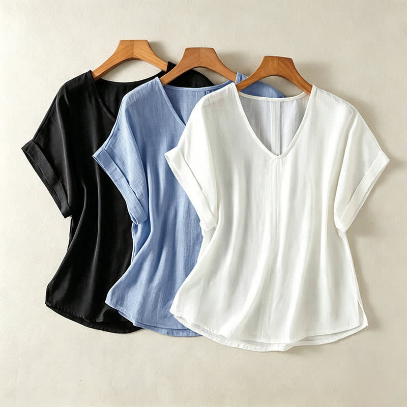 Buddha Stones Summer Casual Minimalist Solid V-Neck Women's Short Sleeve T-Shirts - image 19