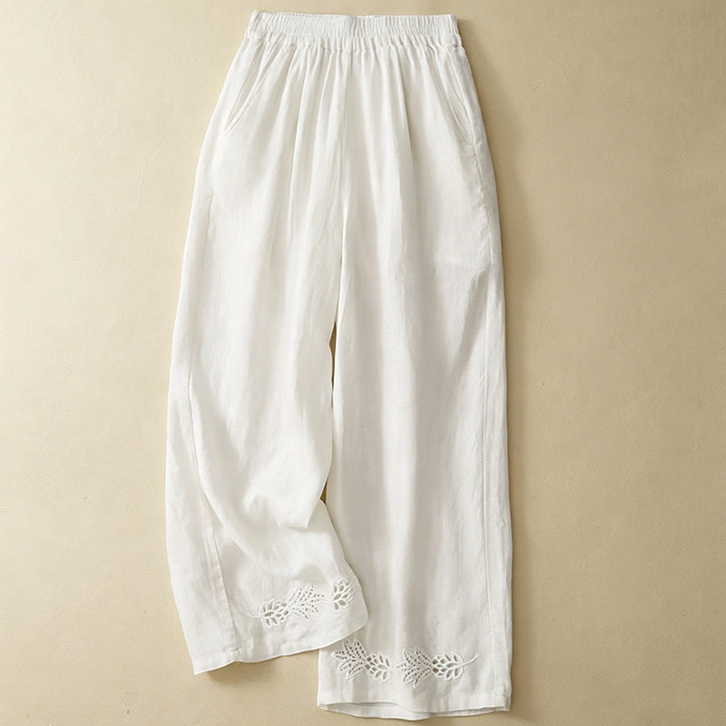 Buddha Stones Summer Casual Hollow Embroidery Hem Solid Ankle Pants Women's Harem Pants With Pocket - White - US8-10, UK/AU12-14, EU40-42 (2XL) - image 18