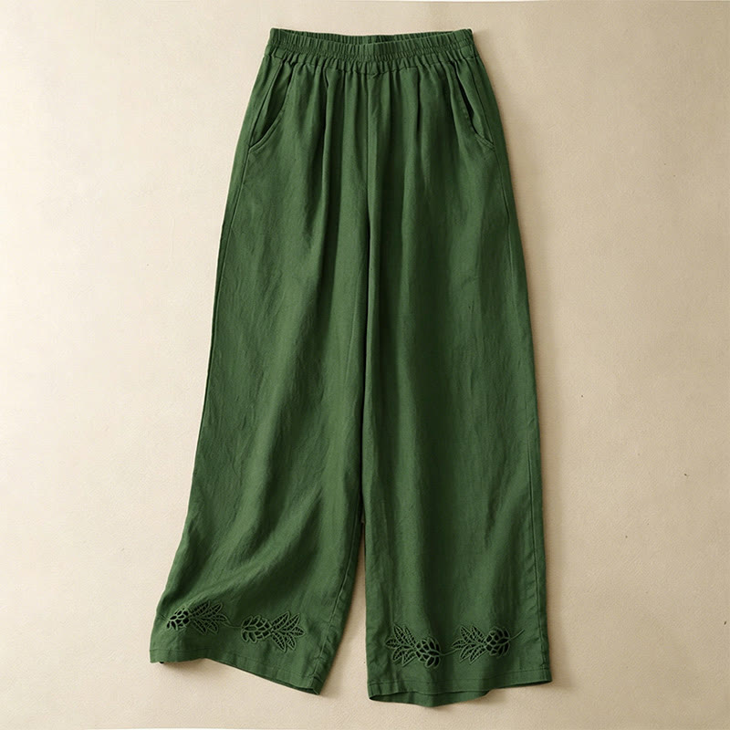 Buddha Stones Summer Casual Hollow Embroidery Hem Solid Ankle Pants Women's Harem Pants With Pocket - OliveDrab - US8-10, UK/AU12-14, EU40-42 (2XL) - image 0