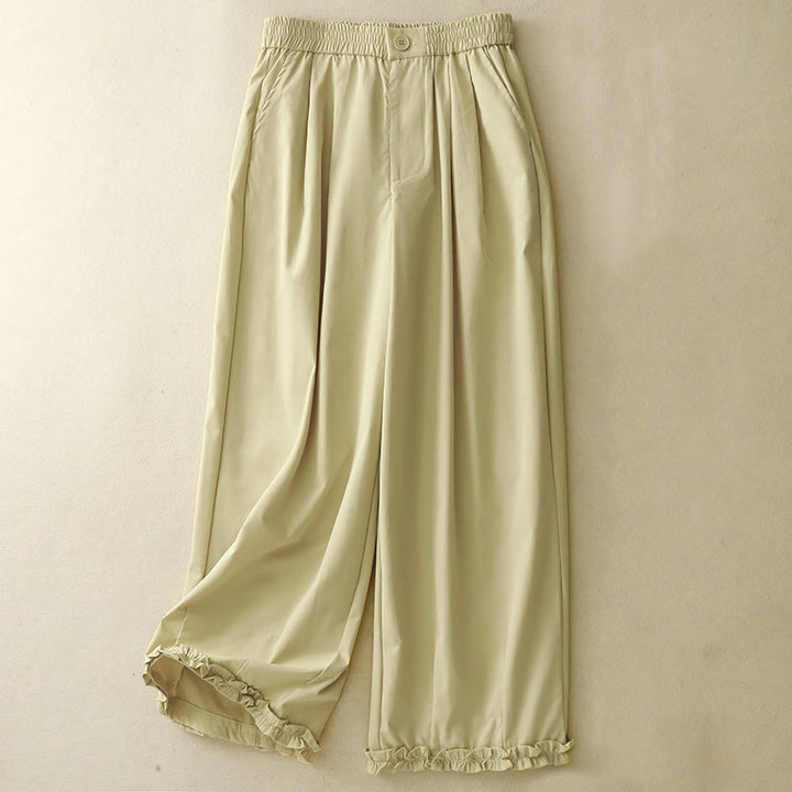 Buddha Stones Summer Casual Elegant Button-Up Solid Zipper Design Ruffles Hem Cropped Pants Women's Harem Pants With Pocket - LightGoldenRodYellow - US8-10, UK/AU12-14, EU40-42 (2XL) - image 0