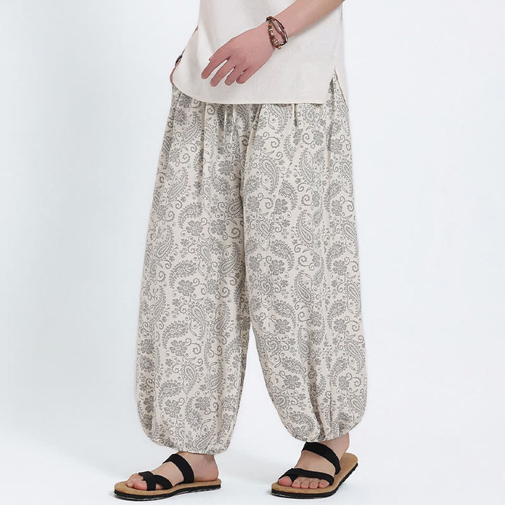 Buddha Stones Summer Boho Casual Drawstring Paisley Capri Pants Men's Harem Pants With Pocket - White - US/UK/AU46, EU56 (5XL) - image 21