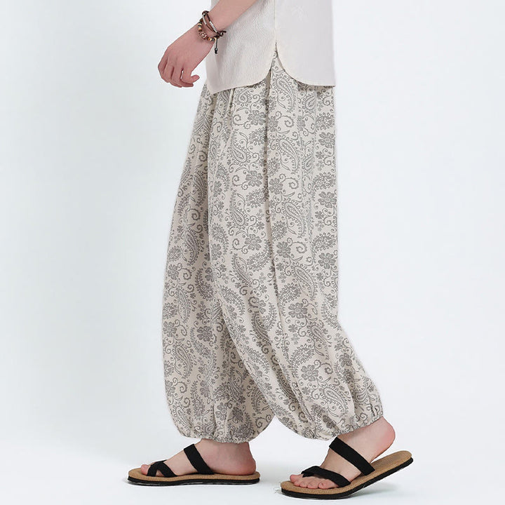 Buddha Stones Summer Boho Casual Drawstring Paisley Capri Pants Men's Harem Pants With Pocket - image 24
