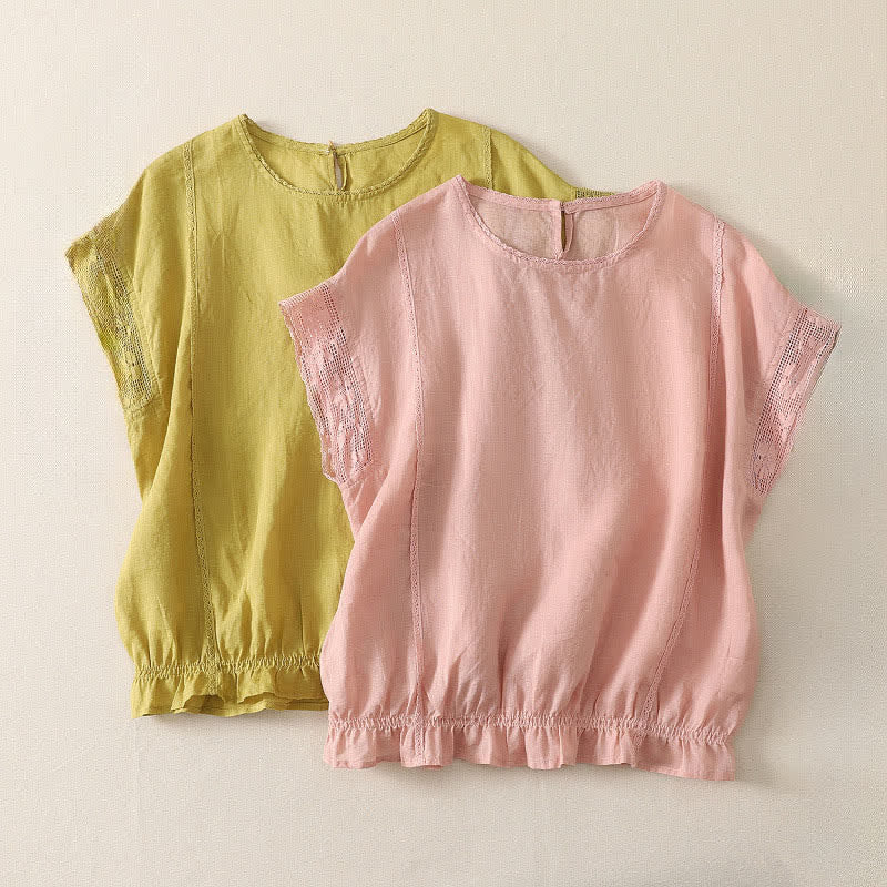 Buddha Stones Summer Casual Simple Drawstring Elastic Hem Solid Ramie Women's Short Sleeve T-Shirts - image 13