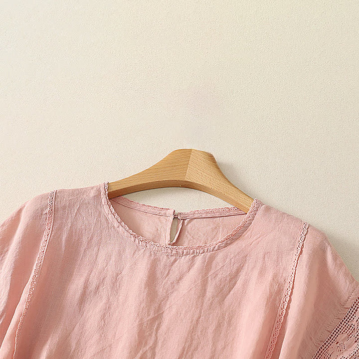 Buddha Stones Summer Casual Simple Drawstring Elastic Hem Solid Ramie Women's Short Sleeve T-Shirts - image 2