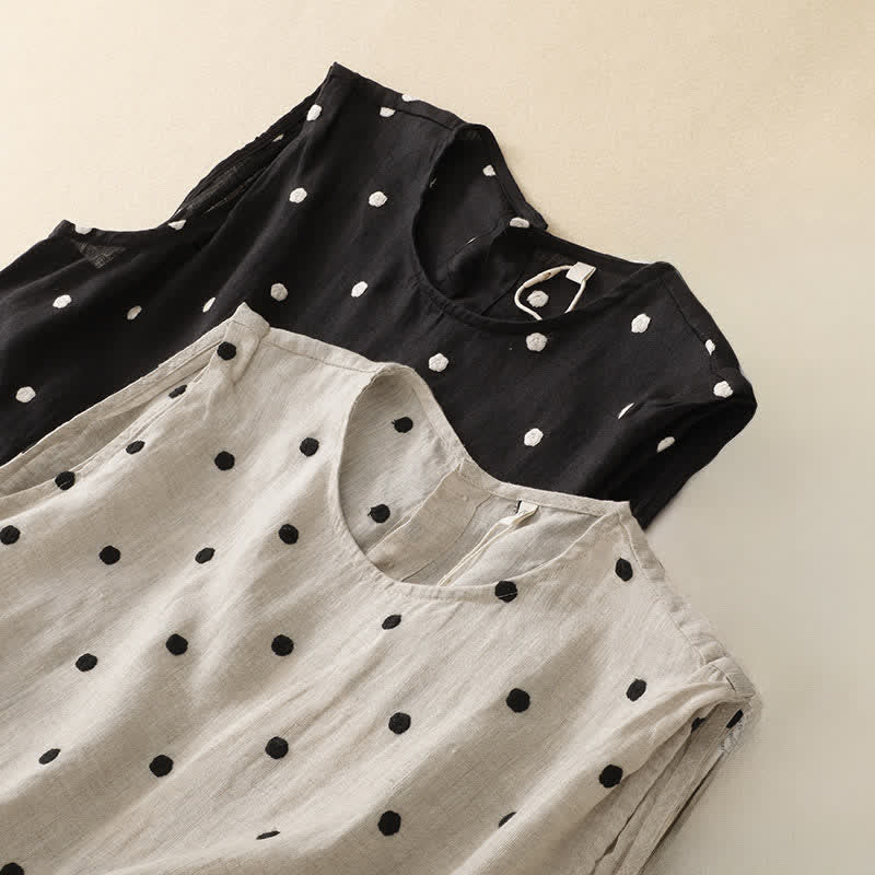 Buddha Stones Summer Casual Vintage Drawstring Polka Dot Crew Neck Women's Summer Sleeveless Dress With Pocket - image 17