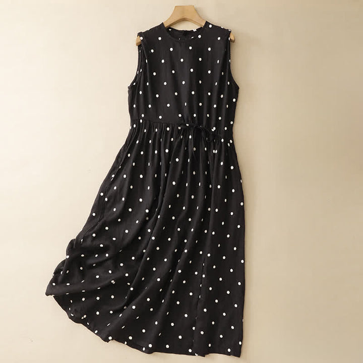 Buddha Stones Summer Casual Vintage Drawstring Polka Dot Crew Neck Women's Summer Sleeveless Dress With Pocket - Black - US8-10, UK/AU12-14, EU40-42 (2XL) - image 9