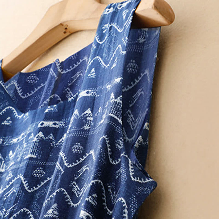 Buddha Stones Summer Boho Casual Blue wavy shape Geometric Women's Summer Sleeveless Dress With Pocket - image 4