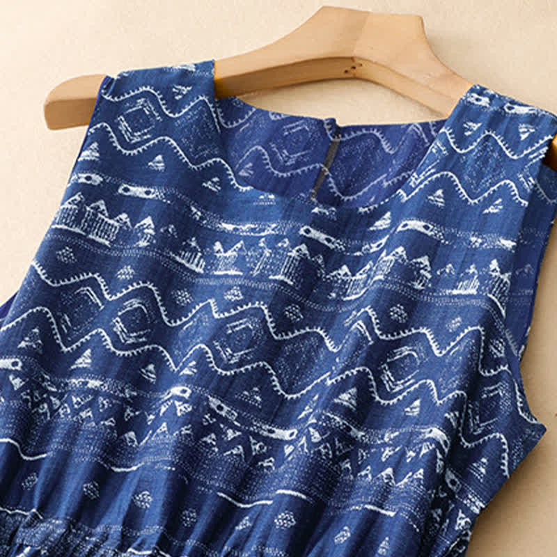 Buddha Stones Summer Boho Casual Blue wavy shape Geometric Women's Summer Sleeveless Dress With Pocket - image 3