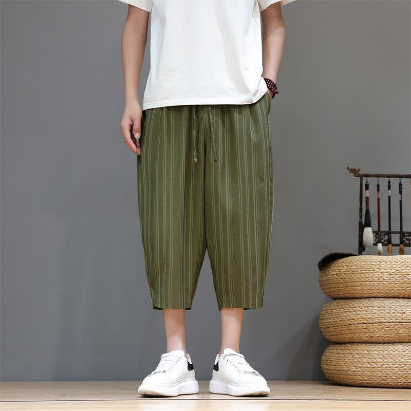 Buddha Stones Summer Casual Drawstring Striped Capri Pants Men's Harem Pants With Pocket - DarkOliveGreen - US/UK/AU46, EU56 (5XL) - image 26