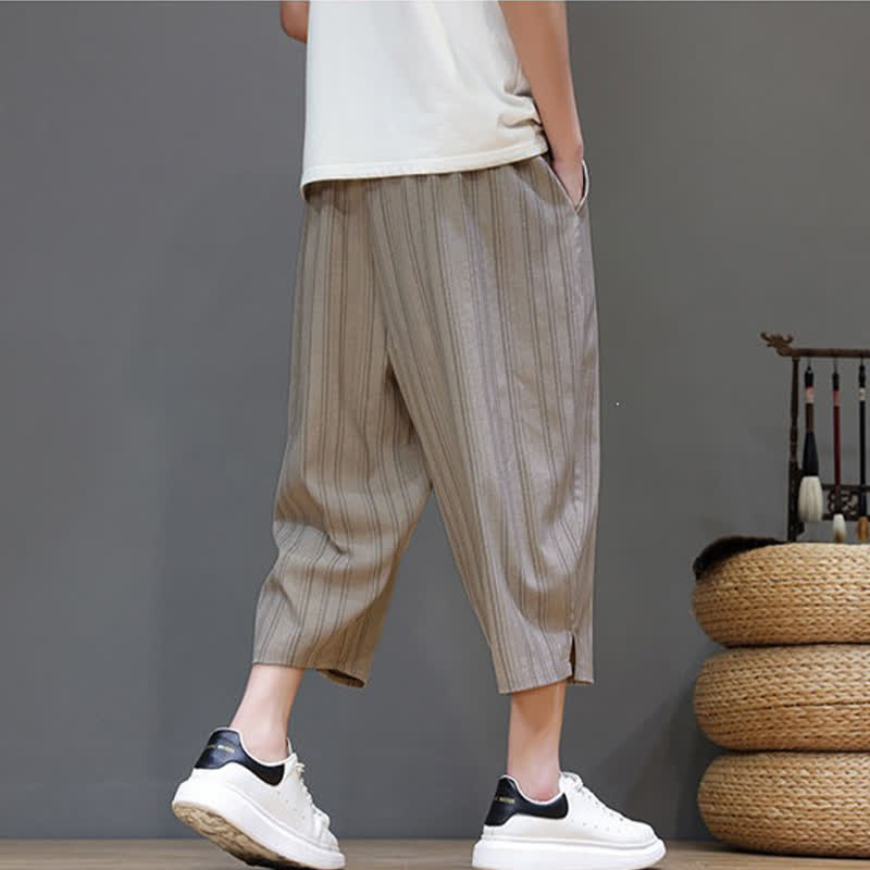 Buddha Stones Summer Casual Drawstring Striped Capri Pants Men's Harem Pants With Pocket - image 3