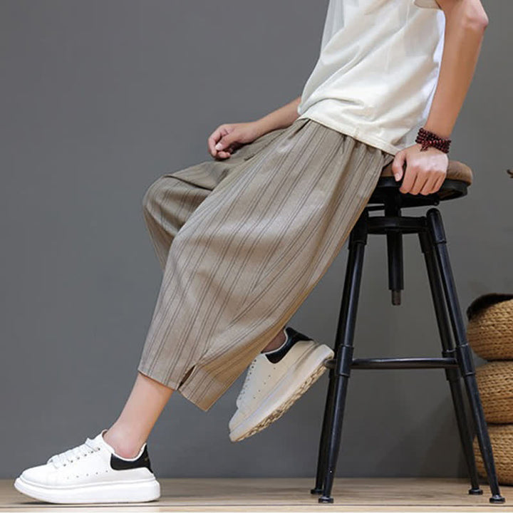Buddha Stones Summer Casual Drawstring Striped Capri Pants Men's Harem Pants With Pocket - image 6