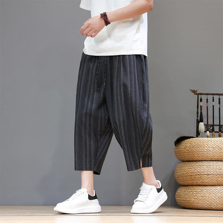 Buddha Stones Summer Casual Drawstring Striped Capri Pants Men's Harem Pants With Pocket - Black - US/UK/AU46, EU56 (5XL) - image 10