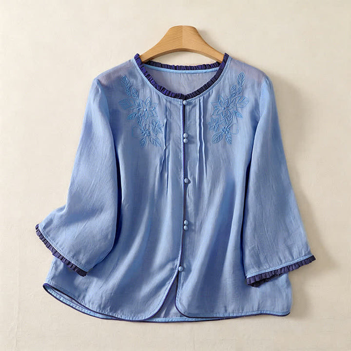Buddha Stones Spring Summer Casual Elegant Embroidery Floral Leaves Button-Up Women's Long Sleeve Shirts - LightSteelBlue - US12, UK/AU16, EU44 (3XL) - image 13