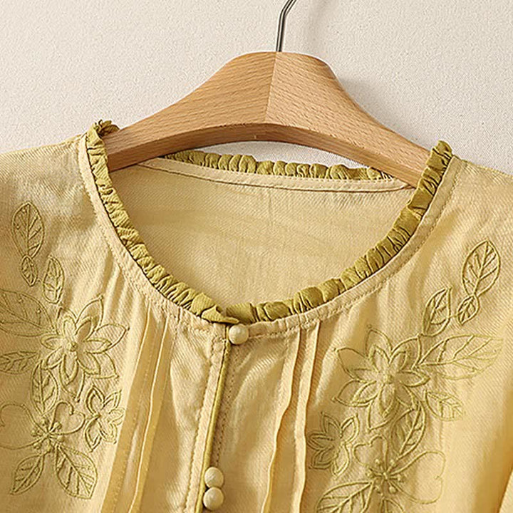 Buddha Stones Spring Summer Casual Elegant Embroidery Floral Leaves Button-Up Women's Long Sleeve Shirts - image 9