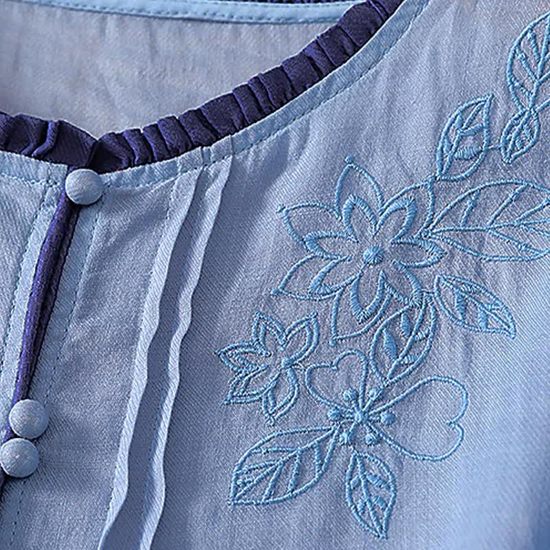 Buddha Stones Spring Summer Casual Elegant Embroidery Floral Leaves Button-Up Women's Long Sleeve Shirts - image 15