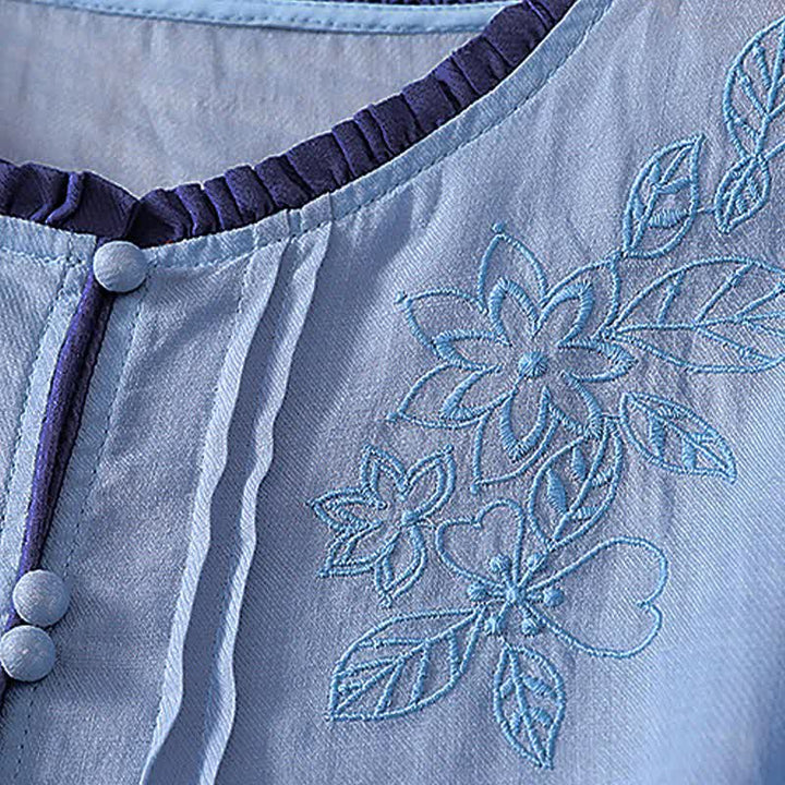 Buddha Stones Spring Summer Casual Elegant Embroidery Floral Leaves Button-Up Women's Long Sleeve Shirts - image 15