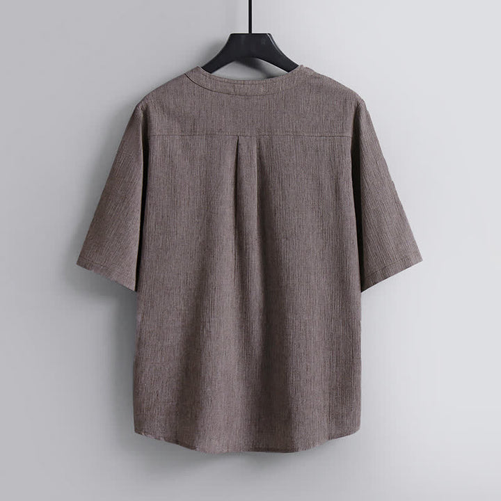Buddha Stones Summer Tang Style Casual Pankou Crew Neck Solid Men's Short Sleeve Shirts - image 1