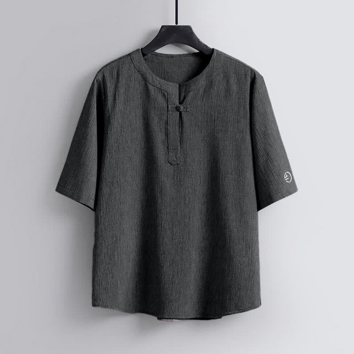 Buddha Stones Summer Tang Style Casual Pankou Crew Neck Solid Men's Short Sleeve Shirts - LightSlateGray - US/UK/AU54，EU64 (9XL) - image 8