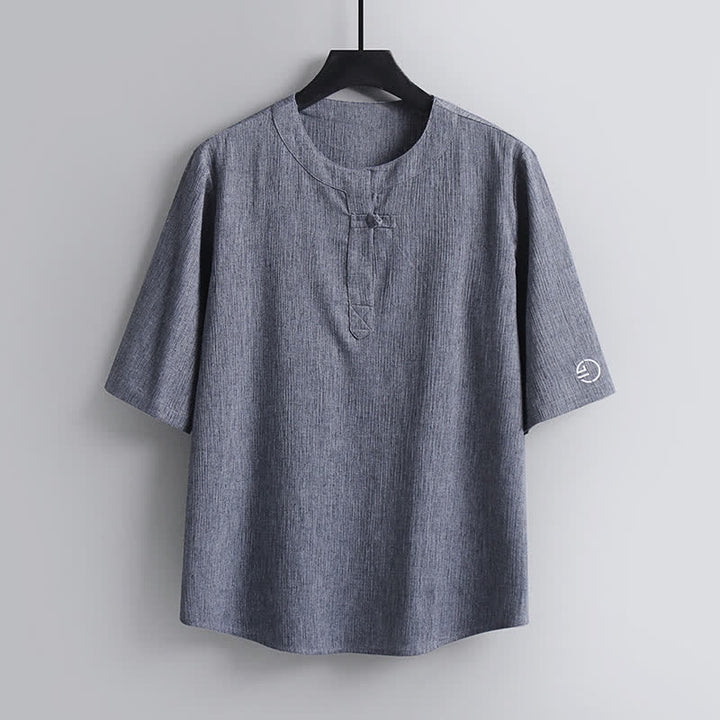 Buddha Stones Summer Tang Style Casual Pankou Crew Neck Solid Men's Short Sleeve Shirts - LightGrey - US/UK/AU54，EU64 (9XL) - image 10
