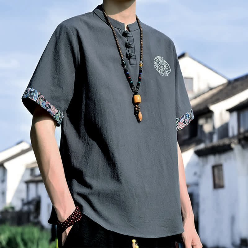 Buddha Stones Summer Tang Style Casual Frog Button Embroidery Men's Short Sleeve Shirts - image 2