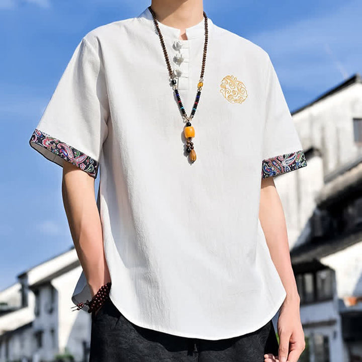 Buddha Stones Summer Tang Style Casual Frog Button Embroidery Men's Short Sleeve Shirts - image 32