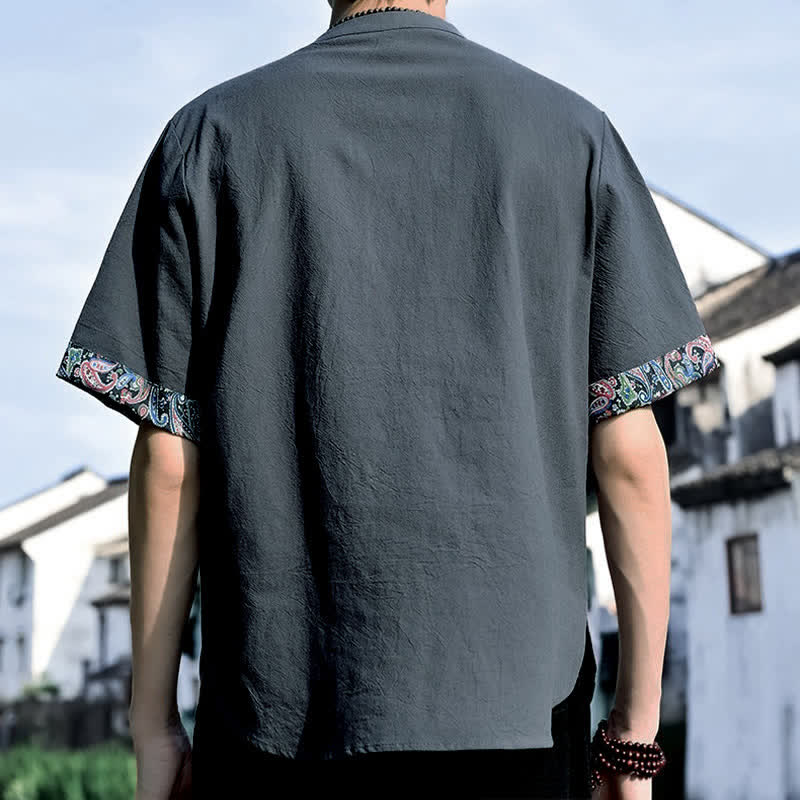 Buddha Stones Summer Tang Style Casual Frog Button Embroidery Men's Short Sleeve Shirts - image 4