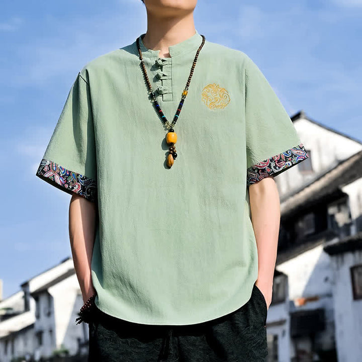 Buddha Stones Summer Tang Style Casual Frog Button Embroidery Men's Short Sleeve Shirts - image 22
