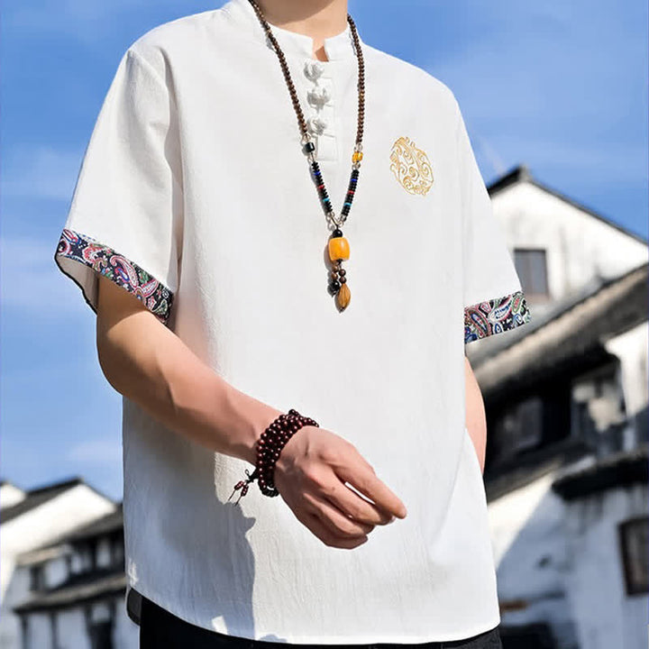 Buddha Stones Summer Tang Style Casual Frog Button Embroidery Men's Short Sleeve Shirts - image 31