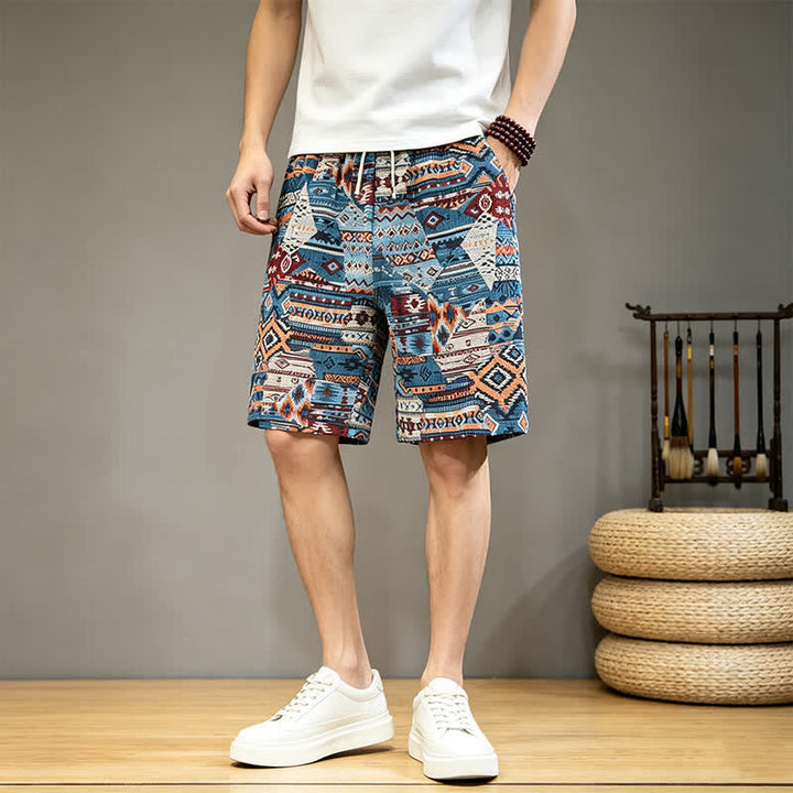 Buddha Stones Summer Casual Boho Drawstring Geometric Men's Shorts With Pockets - SteelBlue - US/UK/AU46, EU56 (5XL) - image 0