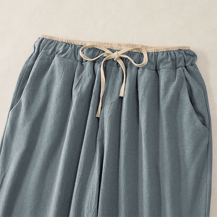 Buddha Stones Minimal Contrast Trim Pattern Cotton Linen Women's Elastic Waist Pants With Pockets - image 1