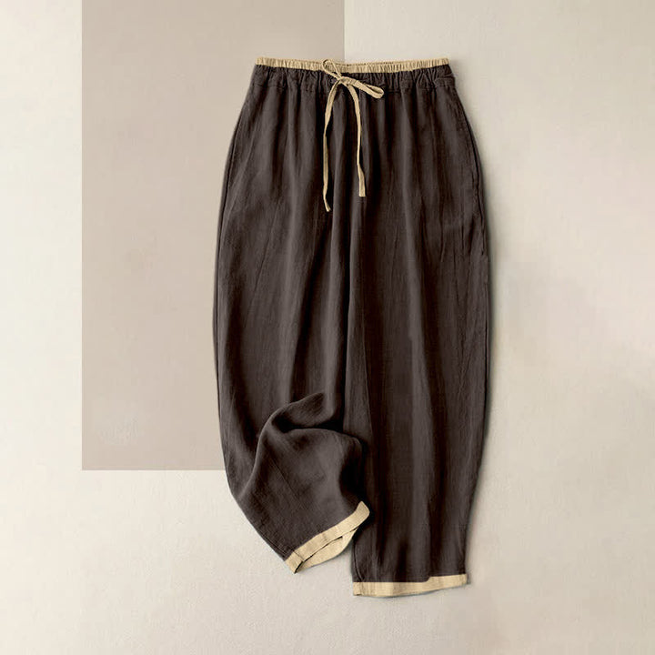 Buddha Stones Minimal Contrast Trim Pattern Cotton Linen Women's Elastic Waist Pants With Pockets - Sienna - US16，UK/AU20，EU48 (3XL) - image 12