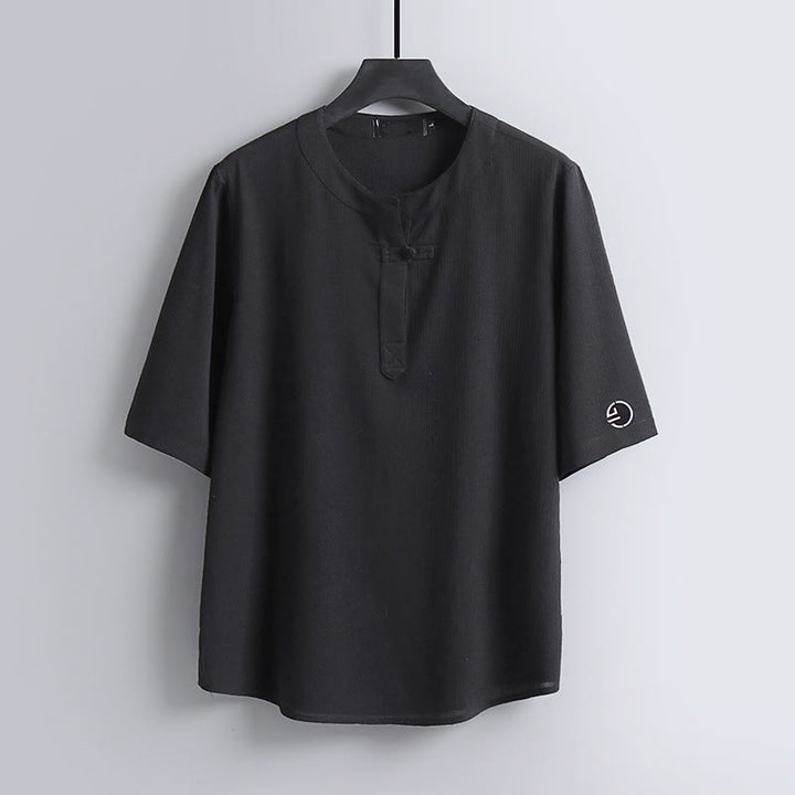 Buddha Stones Summer Tang Style Casual Pankou Crew Neck Solid Men's Short Sleeve Shirts - Black - US/UK/AU54，EU64 (9XL) - image 11