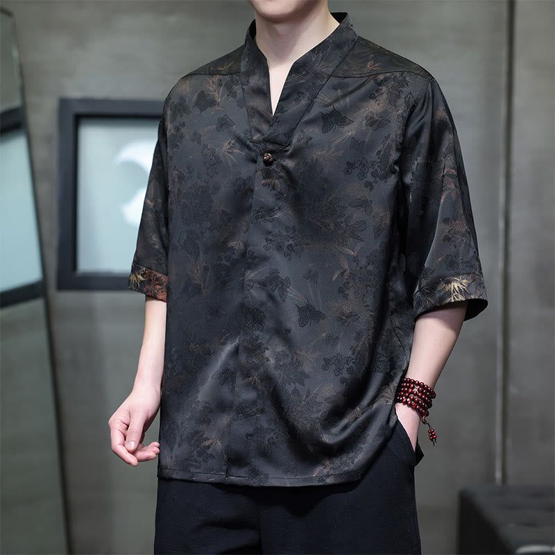 Buddha Stones Spring Summer Tang Style Casual Mandarin Collar Bamboo Butterfly Men's Short Sleeve Shirts - Sienna - US/UK/AU46，EU56 (5XL) - image 0