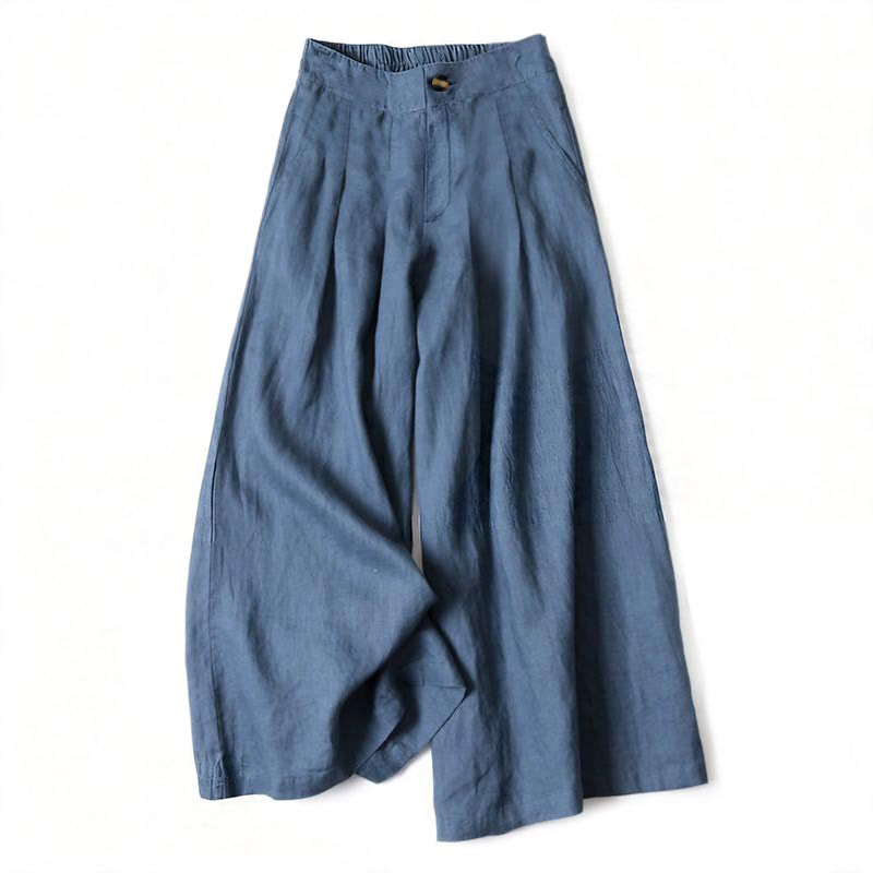 Buddha Stones Summer Elegant Solid Elastic Waist Button Zipper Design Cotton Linen Long Pants Women's Wide Leg Pants With Pockets - SteelBlue - US16，UK/AU20，EU48 (3XL) - image 0