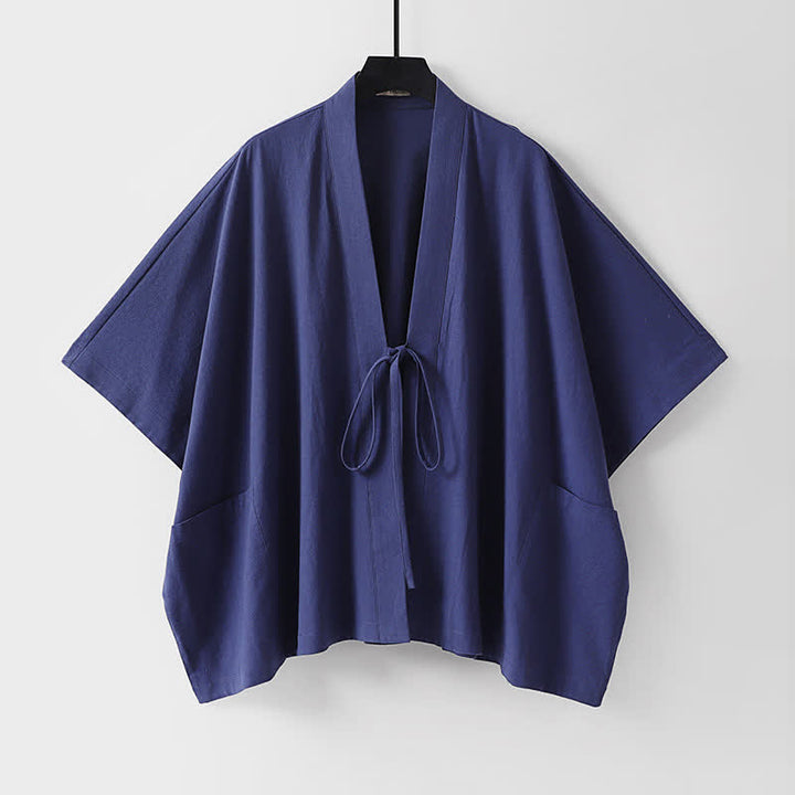 Buddha Stones Summer Minimalist Drawstring Lace-up Solid Short Sleeve Men's Kimono With Pockets - DarkSlateBlue - US/UK/AU40, EU50 (L) - image 4