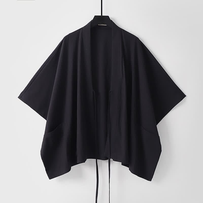 Buddha Stones Summer Minimalist Drawstring Lace-up Solid Short Sleeve Men's Kimono With Pockets - image 3