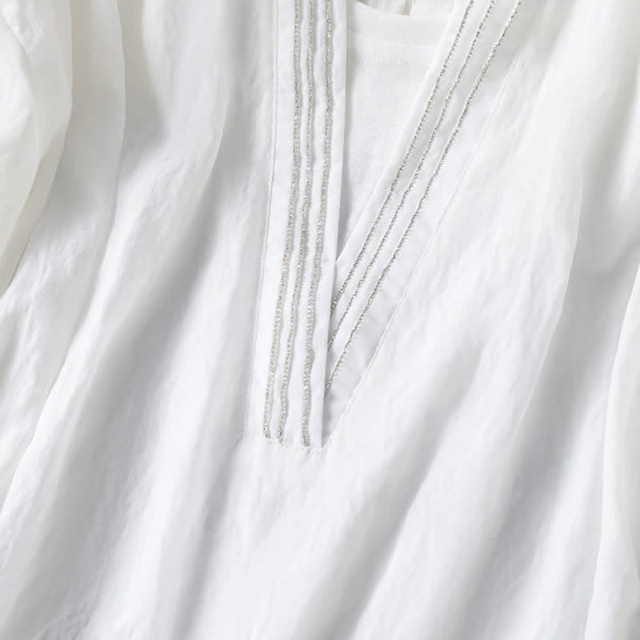 Buddha Stones Summer Casual Simple Solid V-Neck Lines Women's Short Sleeve T-Shirts - image 9